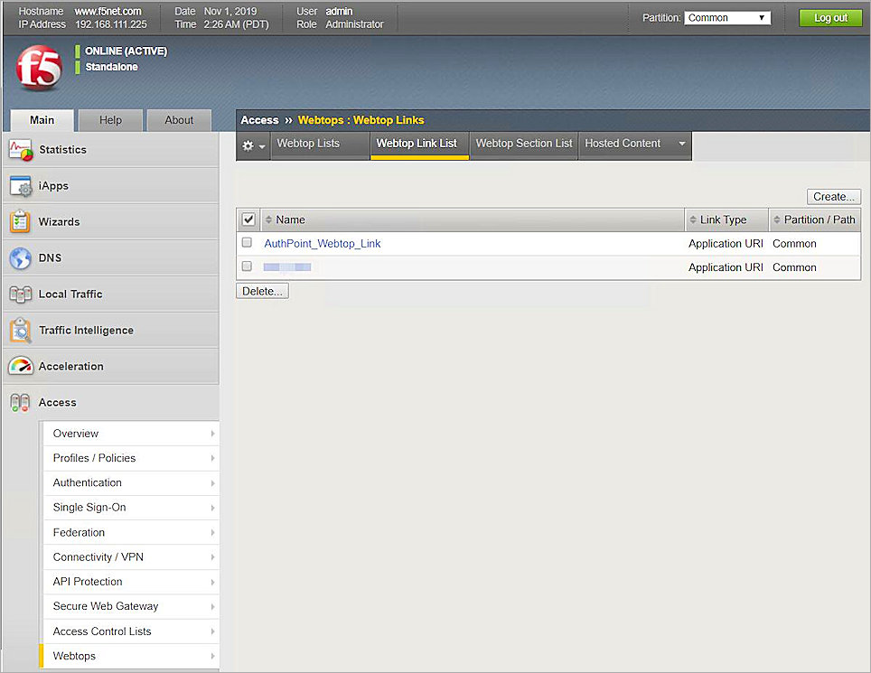 Screenshot of the add Webtop Link